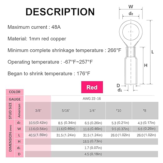 AutCreation 160PCS Heat Shrink Ring Terminals 1/4" Red 22-16 AWG Marine Grade Electrical Wire Connectors, Tinned Red Copper Resistant Ring Connectors, Insulated Waterproof Crimp Terminals