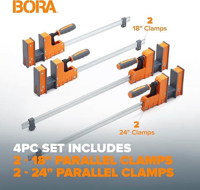 Bora 4 Piece Parallel Clamps for Woodworking Clamps 4 Pack 2 x 18 inch plus 2 x 24 inch Parallel Clamp Spreader Set Bar Clamp 1100 Lbs clamping force Bar Clamp Set 571450I