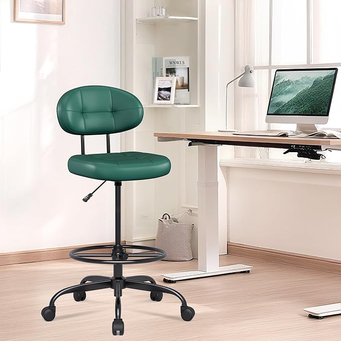 Misolant Drafting Chair, Armless Tall Office Chair with Footrest Ring for Standing Desk, Small Faux Leather Executive Computer Chair with Adjustable Height for Bar Lab Counter Height Desk, Green