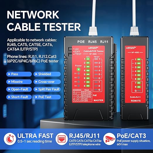 NOYAFA NF-468S Network Cable Tester, RJ12 RJ11 RJ45 Ethernet Cable Tester for CAT5 CAT5E CAT6 CAT6A, POE Tester Continuity UTP/STP Cable Toner LAN Telephone line CAT3 Cable Network Tools