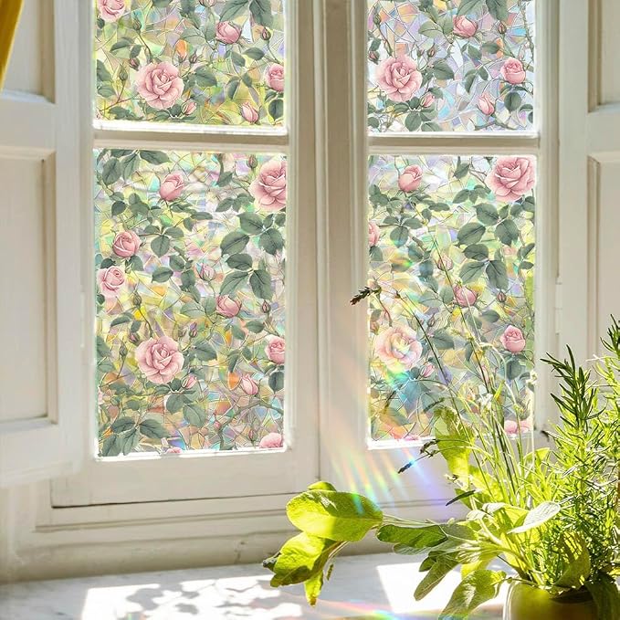 JOONOR Retro Pink Rose Flowers Window Privacy Film, 3D Stained Glass Rose - Image 2