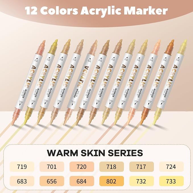 Warm Skin Tone Acrylic Paint Pens, Water Based 12 Colors Dual Tip Acrylic Paint - Image 2
