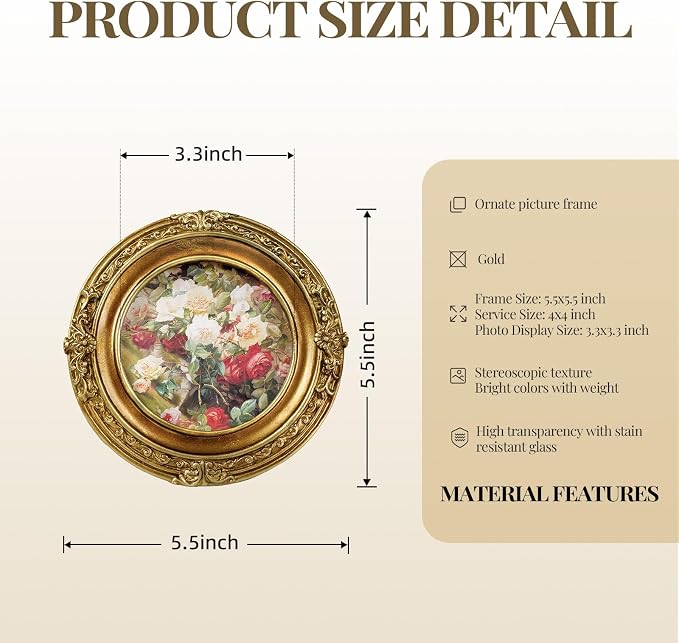Cuspin Vintage Picture Frame 4x4 Gold Frames, Ornate Round Resin Photo Frame - Image 4