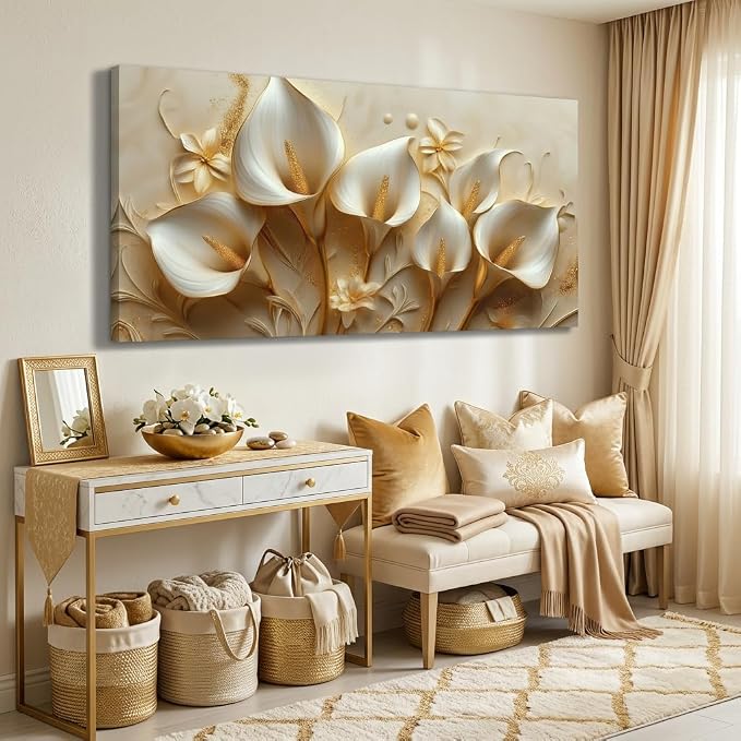 ZESTRILIA Golden White Calla Lily Canvas Wall Art, Luxury Floral Gilded Print - Image 5