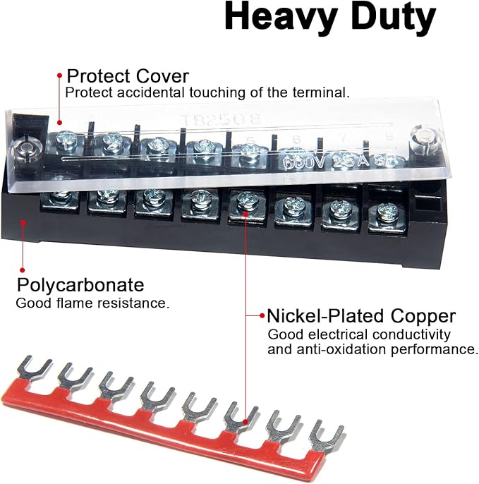 MILAPEAK Terminal Block and Strip - 6 Sets 8/10/12 Positions 600V 25A Dual Row Wire Screw Terminal Strip Block with Cover + 400V 25A Pre-Insulated Terminals Barrier Strips Jumpers (Black & Red)