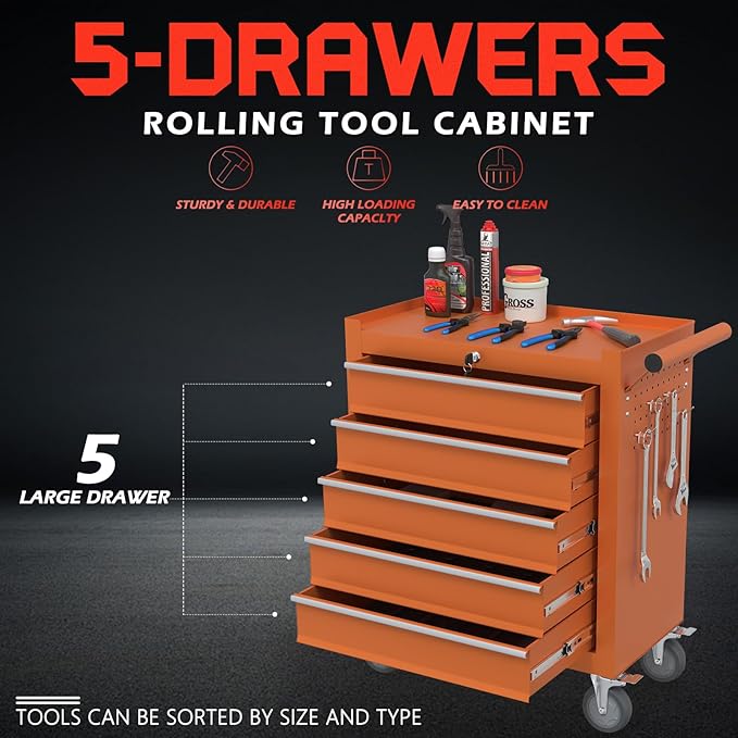 5-Drawer Rolling Tool Box, Metal Tool Chest with Wheels and Locking, Portable for Warehouse, Garage, Repair Shop, Workshop (Orange, 5-Drawer)