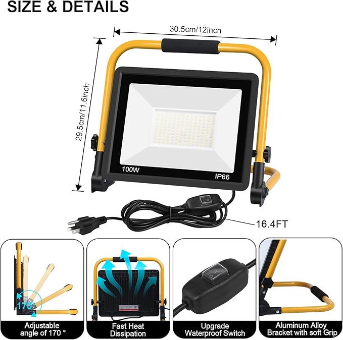 100W 11000LM LED Work Light with 16.5FT Cord, IP66 Waterproof, Portable Flood Light for Construction, Workshop, Garage, and Outdoor Use