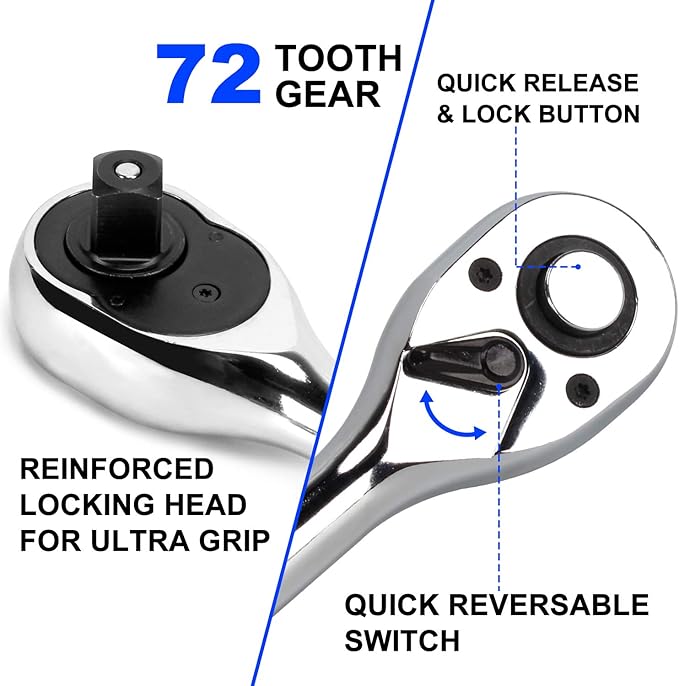 3-Piece 1/4" 3/8" 1/2-Inch Drive Socket Ratchet Set Extendable Handle Wrench Quick-Release Reversible Gear Torque Spanner Mechanical Tools