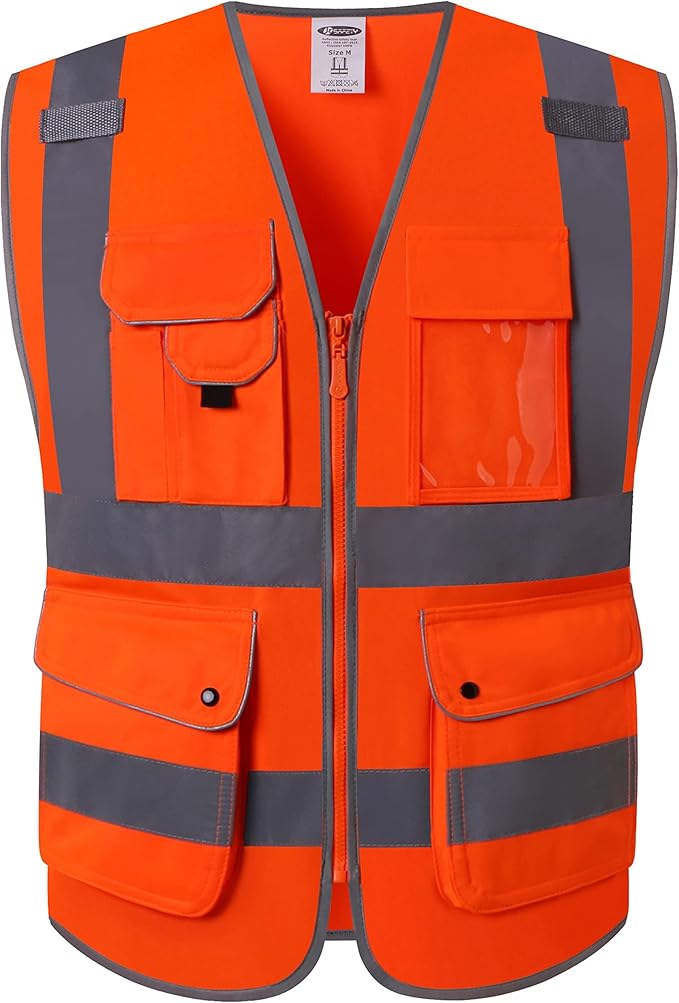 JKSafety 9 Pockets Class 2 High Visibility Zipper Front Safety Vest With Reflective Strips, Meets ANSI/ISEA Standards (150-Orange, 5XL)