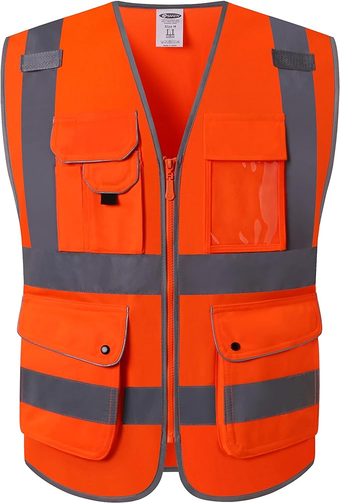 JKSafety 9 Pockets Class 2 High Visibility Zipper Front Safety Vest With Reflective Strips, Meets ANSI/ISEA Standards (150-Orange, XXL)