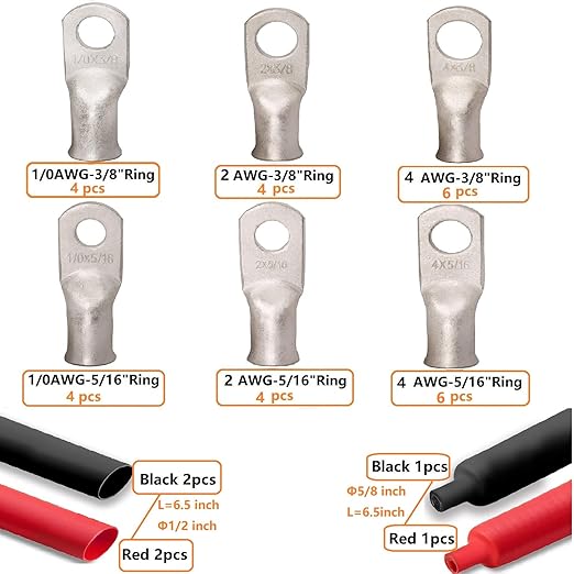 SVAAR 0 Gauge 2 Gauge 4 Gauge Terminals Copper Lugs kit Tinned Copper Wire Lugs with 5/16" and 3/8" Ring Terminals Battery Cable Lugs Terminal Connectors Heavy Duty Crimp Cable Ends + 3:1 Heat Shrink