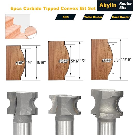 Akylin's CNC 6PCS Convex Edge Oval Router Bit Set 1/2" Shank, Shallow Bullnose at 1/4",5/16",3/8",1/2",3/4",7/8" Length,Convex Column Molding Router Bits-Perfect for Stair Treads and Shelf Edges