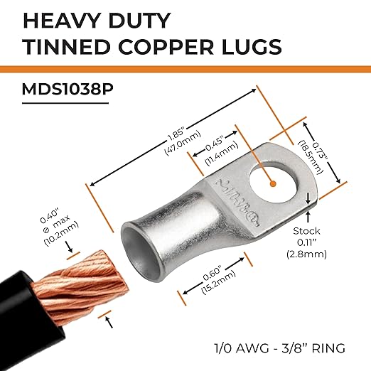 SELTERM 2pcs 1/0 AWG 3/8" Stud Tinned Copper Wire Lugs, Battery Lugs, Ring Terminals, Battery Cable Ends, 0 Gauge Ring Terminal Connectors, UL Marine Grade Electrical Battery Terminal Connectors
