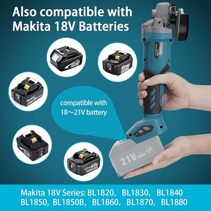 Angle Grinder, 4inch Cordless Angle Grinder, 18V/21V Grinder with 4000mAh Battery, 12000RMP Power Grinder Compatible with Makita Battery, Cutting/Deburring Grinder Tool