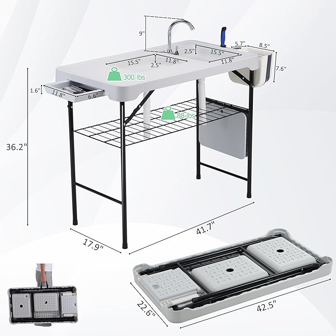 AHB 42'' Outdoor Fish Cleaning Table Portable Camping Sink Station with Double Sinks, Collapsible Swivel Faucet, Picnic Sink Table with 6pc Fish Cleaning Kit for Picnic Beach Patio