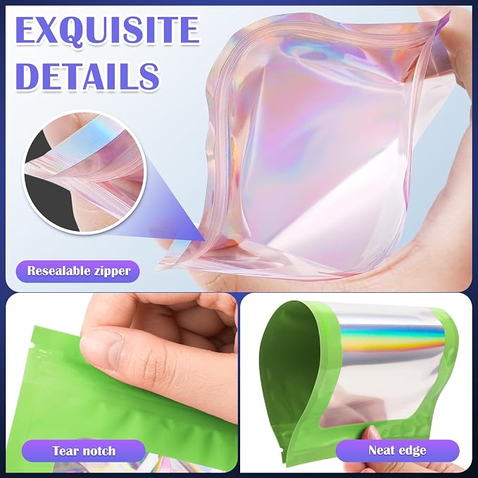 JETMORE 300 Pcs Mylar Bags, Smell Proof Bags Foil Pouch, Holographic Resealable - Image 5