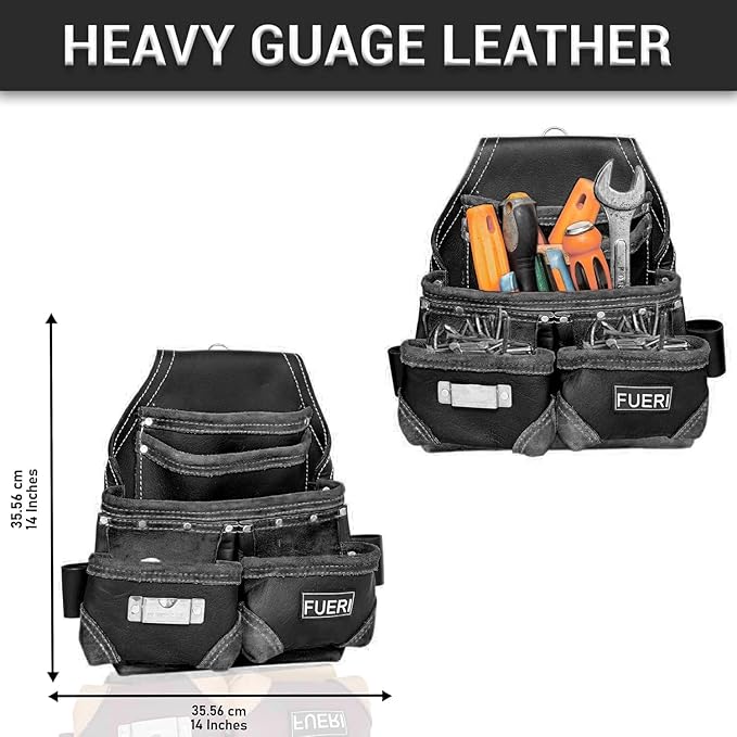 FUERI Leather Tool Belt with Suspenders Heavy Duty Bags Dual Hammer Holsters Tool Pouches for Men Construction Carpenters Electricians Framers Women Workers 16 Pockets