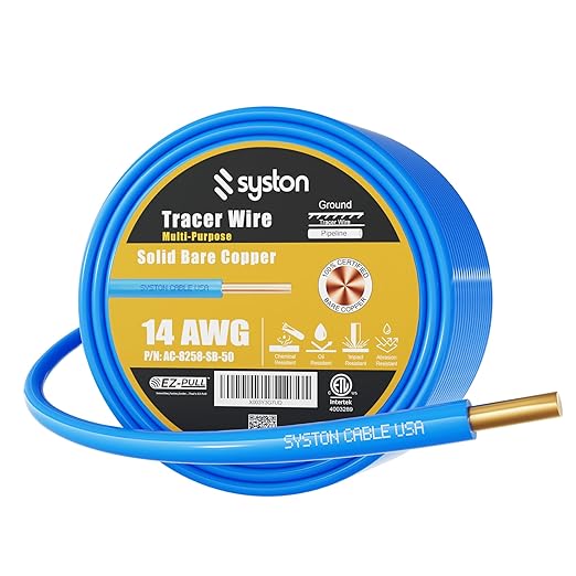 14 AWG Tracer Wire 600V 100% Solid Copper Conductor Direct Burial Underground, Blue Tracer Wire for Locating Underground Pipes and Lines Water Sewer Pipe Fiber Optic Gas Electrical Wire, 50 FT