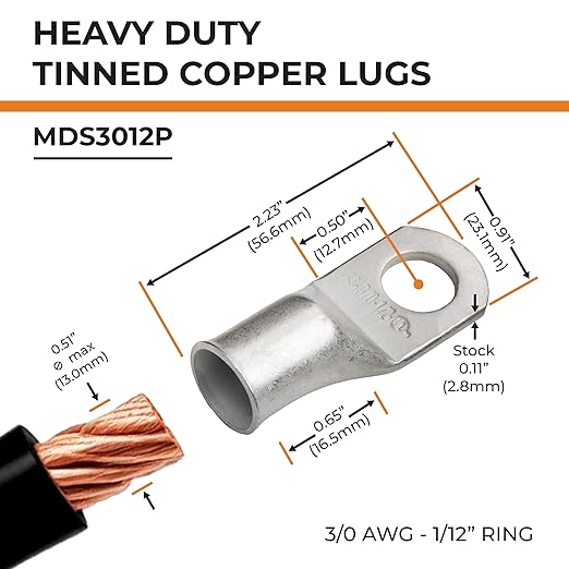 SELTERM 10pcs 3/0 AWG-1/2 Stud Tinned Copper Wire Lugs, Heavy Duty Cable Ends, 000 Gauge Ring Terminals, UL Battery Lugs Marine Grade Copper Eyelets Electrical Terminal Connectors