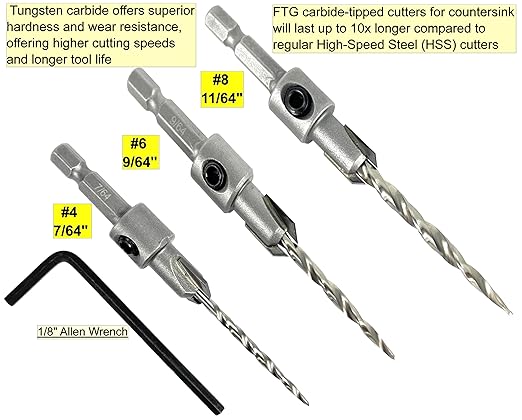 Wood Countersink Drill Bit Set #4#6#8 Set Countersink HSS M2 Tapered Drill Bits, Quick Change Hex Shank Countersink Bit, 1 Stop Collar, 1 Allen Wrench, Countersink Drill Bit for Woodworking