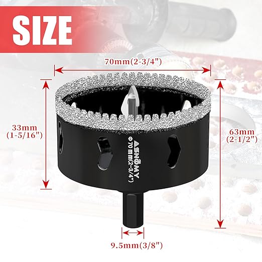 2-3/4 Inch Diamond Hole Saw with Pilot Drill Bit, 2-3/4" Serrated Brazing Tile Hole Saw Diamond Core Drill Bits with Guiding Bit for Ceramic Porcelain Tile Glass Stone Granite Marble