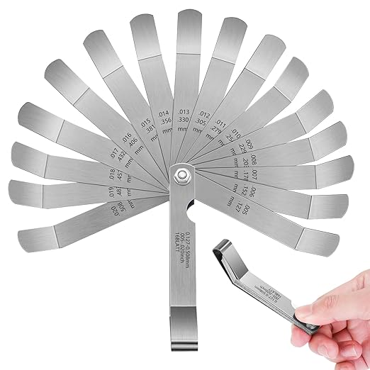 16 Blades Stainless Steel Feeler Gauge, Metric and Imperial Gap Measuring Tool Width and Thickness Feeler Gage Gauge for Spark Plug, Valve Adjustment Tool, 0.127-0.508mm (0.005IN-0.02)