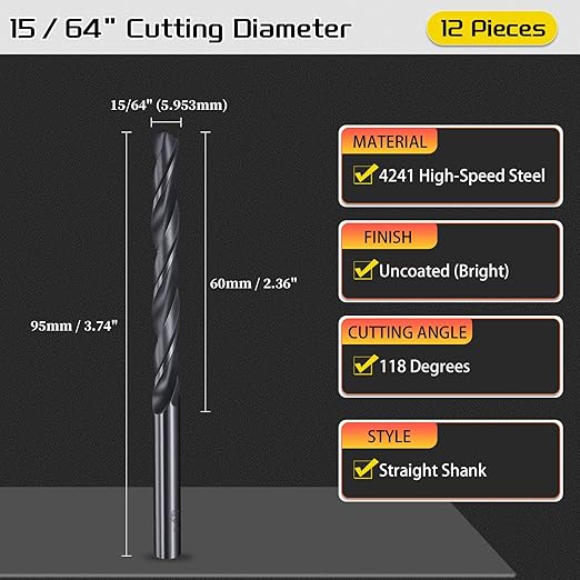 Drill Bit, 15/64" Cutting Diameter, 4241 HSS Nitriding Black 118° Cutting Angle Versatile Jobber Bits - (Applications: for Drilling Plastic Wood Soft Metal), 12-Pieces