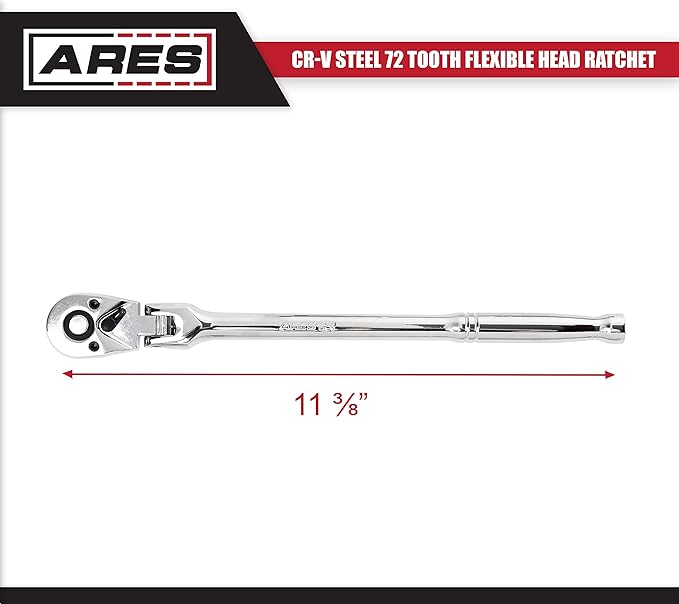 ARES 42026 - Flex Head Ratchet - 3/8-inch Drive 72-Tooth Ratchet - Premium Chrome Vanadium Steel Construction & Chrome Plated Finish - 72-Tooth Quick Release Reversible Design with 5 Degree Swing