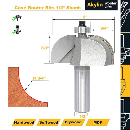 Cove Router Bits,1/2" Shank,Radius 3/4",Bearing Guided Cove Edging Cutter for Wood Profiling,Routing,Molding