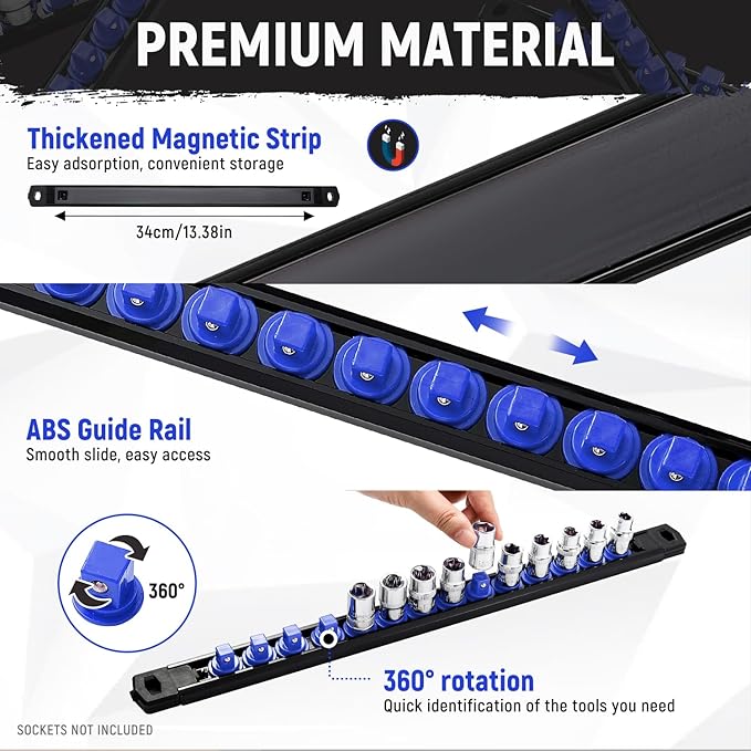 Magnetic Socket Organizer, 3-Piece Heavty Duty ABS Socket Holder, Socket Rail for Tool Box, Premium Quality 360° Swivel Socket Rack with 42 Clips for 3/8-Inch(Blue)