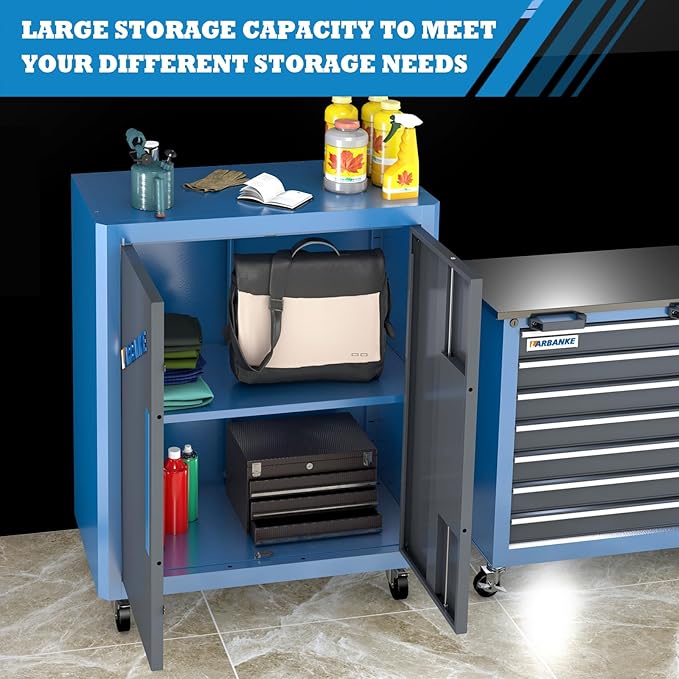 Upgraded Double Door Tool Chest with Locking System,Rolling Tool Chest with 360° Swivel Casters and Foot Pads,Large Tool Cabinet with Movable Partition for Different Needs,Large Assembly Box