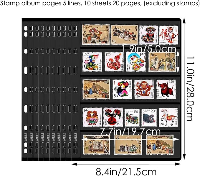 5-Row Stamp Album Pages, 10-Sheet – 9-Hole Clear Refill Pages - Image 2