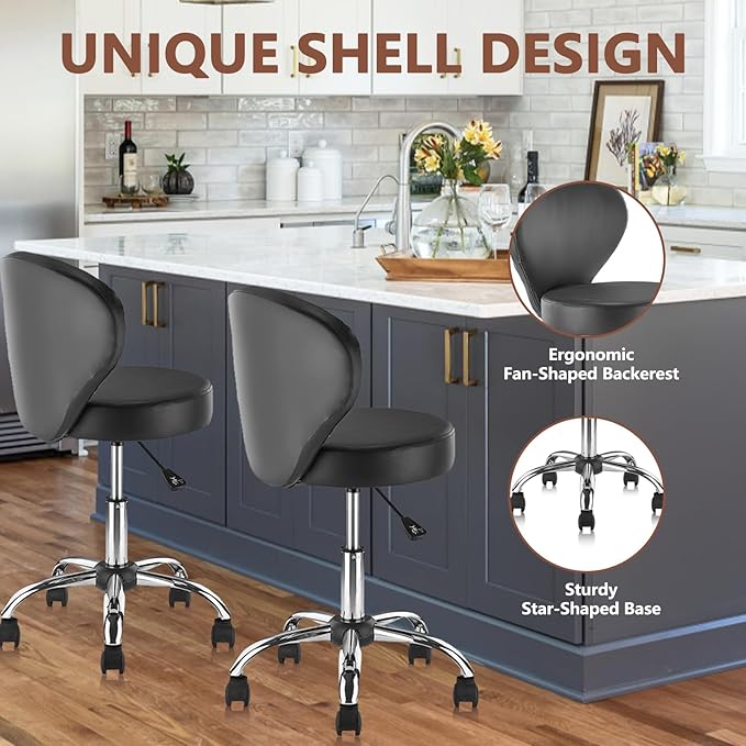 Set of 4 PVC Faux Leather Rolling Swivel Salon Stool Chair with Wheel Back Lumbar Support Seat Height 22 in Diameter 15 Inch Adjustable Hydraulic Chair for Office Massage Facial Spa 4 Pack