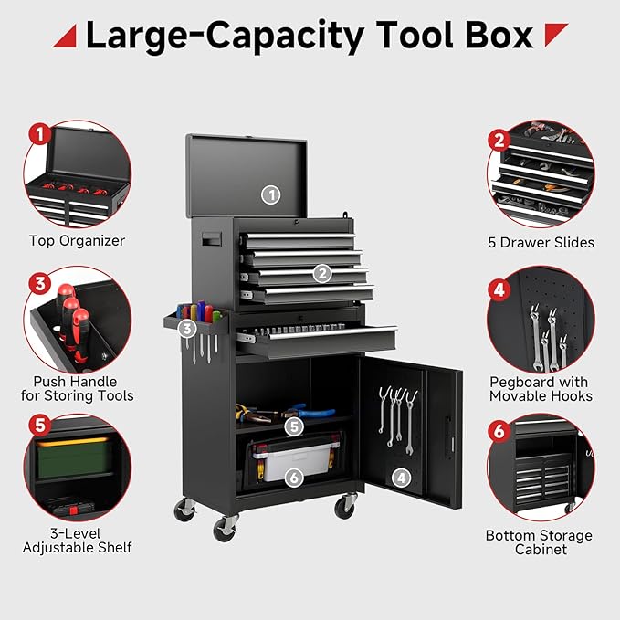 Rovibek Rolling Tool Chest, 5-Drawer Rolling Tool Box with Wheels,Detachable Top Box, Metal Tools Box for Garage Workshop Warehouse, Heavy-Duty Tool Storage Cabinet, Black