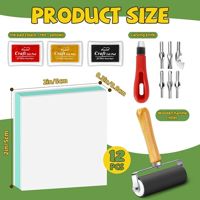 12pcs 2"x2" Rubber Carving Blocks, Linoleum Block Stamp Making Kit - Image 2