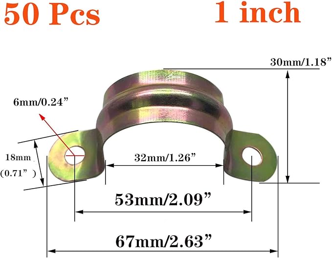50 Pcs 1inch Rigid Pipe Strap,Two Hole Strap U Bracket Iron, Widened Tube Strap Tension Clip Assortment Kit Heavy Duty Pipe Clamp（32mm）