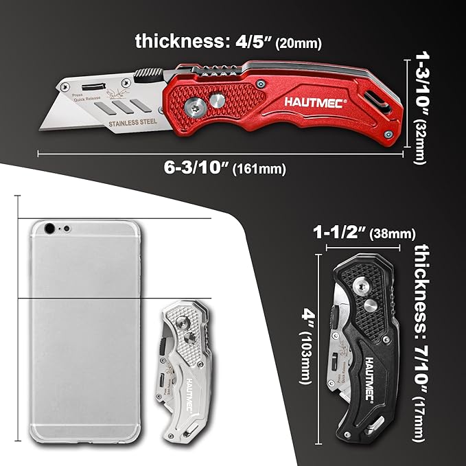HAUTMEC 3-Pack Folding Utility Knife, Heavy-Duty Aluminum Box Cutter with Quick-Change Blades & Lock-Back Safety Design, Ergonomic Streamlined Grip Includes 15 Extra SK5 Blades, HT0429