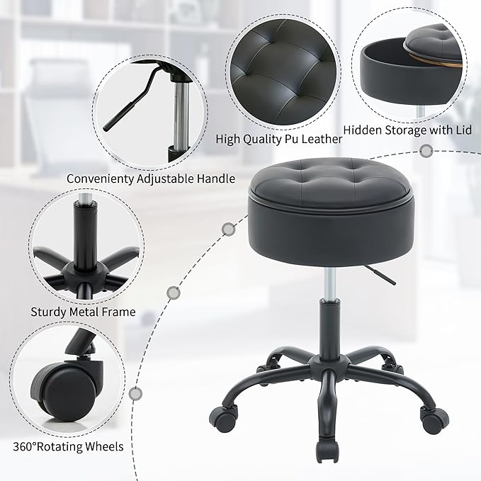Drafting Chair with Storage, Adjustable Leather Drafting Stool 20.67"-24.61", Black Rolling Office Stool