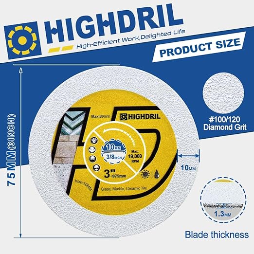 HIGHDRIL Diamond Glass Blade 3" 75mm x Arbor 3/8" 10mm - 4pcs Angle Grinder Cutting Disc for Cutting Glass Marble Tile Jade Crystal Wine Bottle
