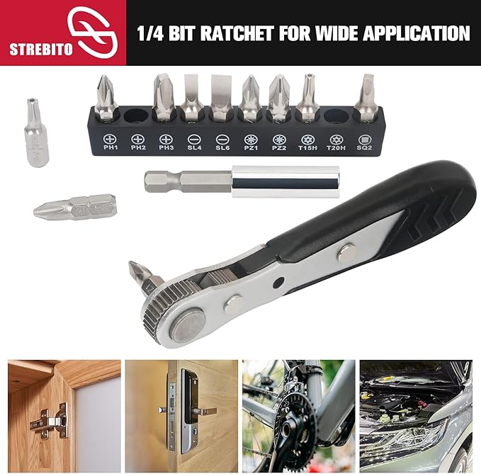 STREBITO Mini Ratchet Set 12-Piece 1/4 Right Angle Screwdriver Set - Small Ratcheting Wrench 90 Degree Offset High Torque Low Profile for Tight Spaces