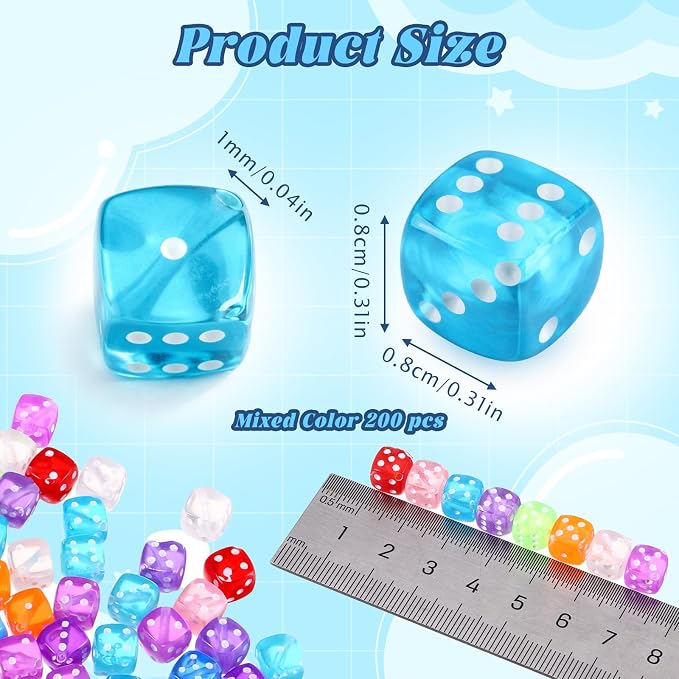 200Pcs Acrylic Dice Beads, 8mm/0.3in Colorful Clear Dice Beads - Image 2