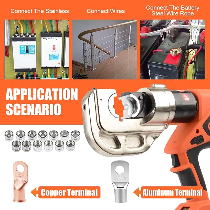 Electric Hydraulic Crimping Tool, Battery Cable Crimper Tool, 12 Ton Wire Crimpers Electrical, Crimping Rang 8AWG-800MCM(10-400m²) and Electrical Crimping Tool 13 Pairs of Dies (JGS-400S)
