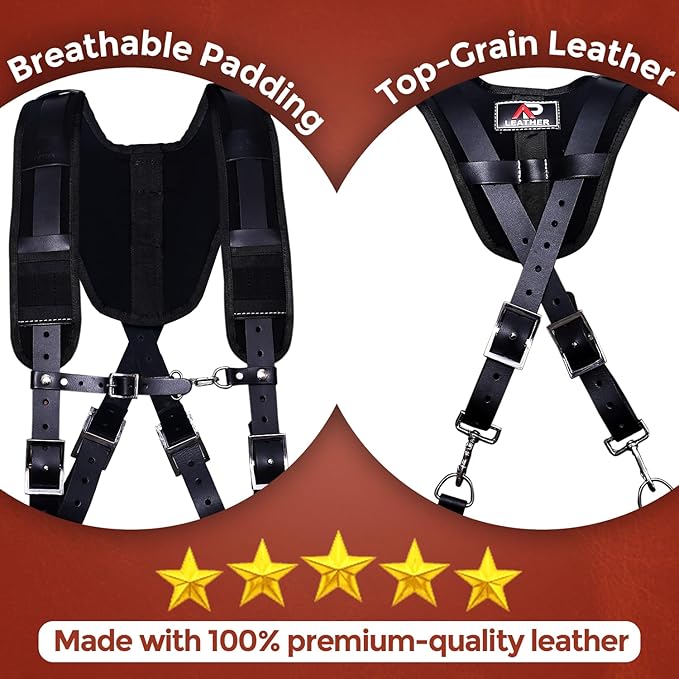 PRO-01 Leather Tool Belts for mens, Tool Belt with Suspenders, Comfort Back Support with stainless steel Buckle for Construction, Framers (Black padding, Extra Large)