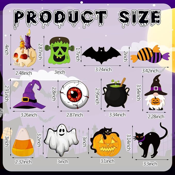 JellyArch 36 Pcs Halloween Wood Cutouts Crafts, Halloween Pumpkin Skull Bat - Image 3