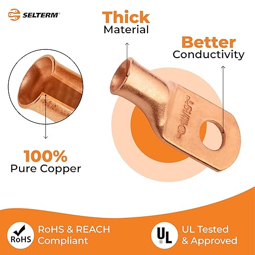 SELTERM 2pcs 6 AWG 1/4" Stud (Wide Pad) Copper Wire Lugs, Battery Lugs,Ring Terminals,Battery Cable Ends, 6 Gauge Ring Terminal Connectors,UL Heavy Duty Bare Copper Eyelets Battery Terminal Connectors