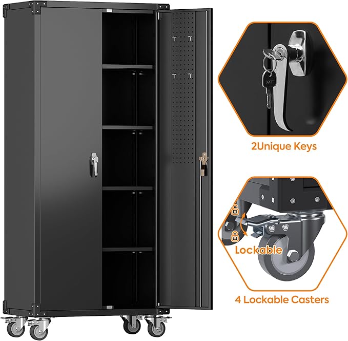 Metal Storage Cabinets with Wheels, 72" Steel Lockable Storage Cabinet with Adjustable Shelves Pegboards and Hooks for Office School Garage Warehouse Utility Room, Assembly Require, Black