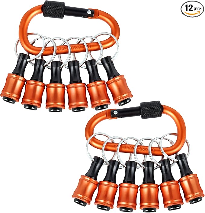 Upgrade Orange 12Pcs Bit Holder Keychain, 1/4 inch Hex Shank Bit Holders, Quick-change Design For Nut Driver, Screwdriver & Drill Bits, Include Keychain Carabiner, Push to Unlock