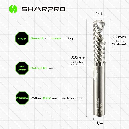 O Flute Downcut Spiral Router Bits 1/4 Inch Shank 1/4 Inch Cutting Dia. Carbide Single Flute CNC Router Bits, Ideal for Aluminum, Plastic, Acrylic, Wood, MDF and PVC