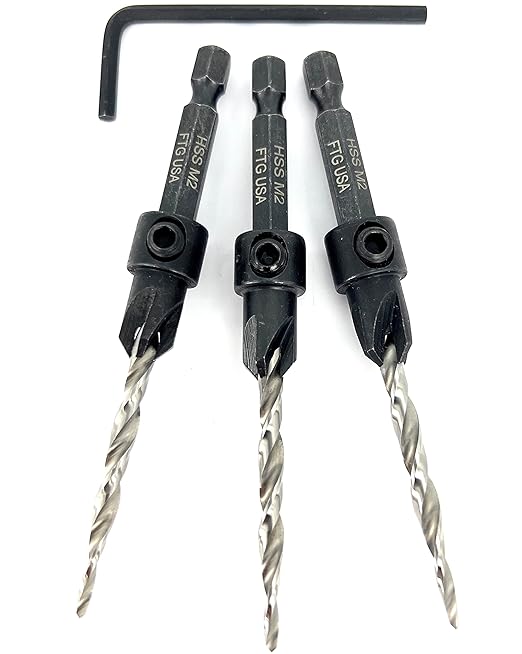 FTG USA Adjustable Wood Countersink Drill Bit Set 3 Pc #8 (11/64") with Tapered Drill Bits for Woodworking