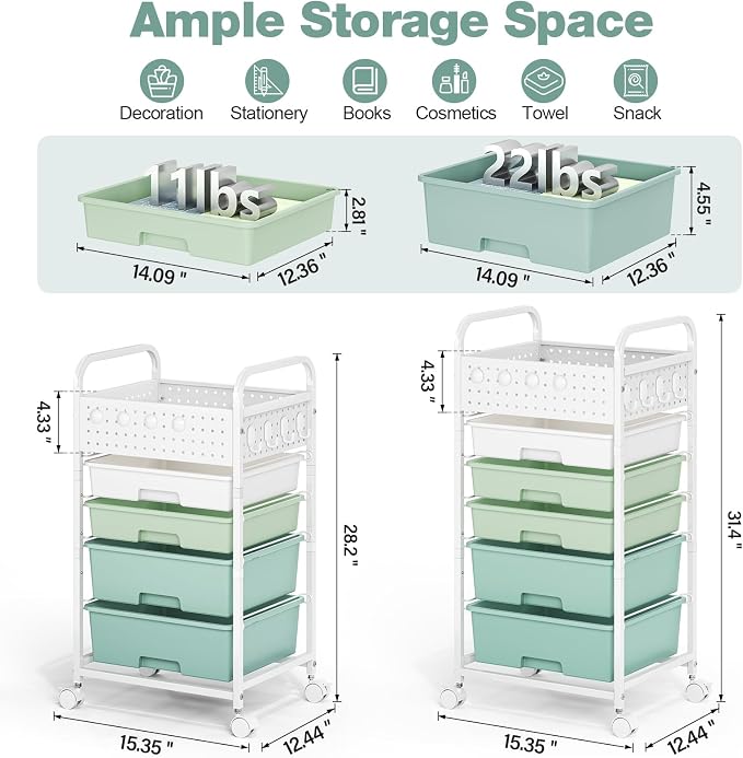 5 Drawer Rolling Storage Cart - Image 2